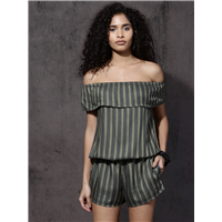 Roadster Green  Grey Striped Playsuit    