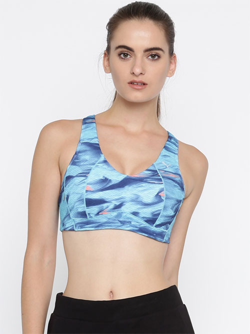 Puma Blue Printed Lightly Padded PWRSHAPE RUN Sports Bra