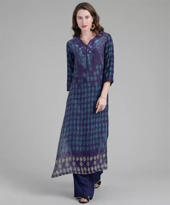 Biba  Women Printed Cotton Viscose Blend Straight Kurta