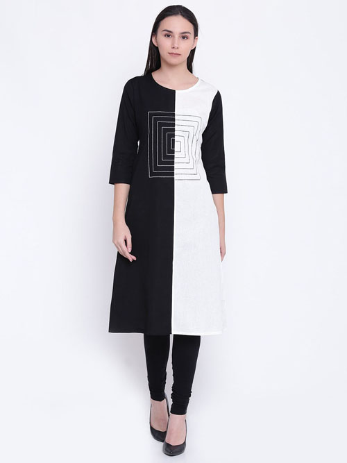 Jashn Women White & Black Colourblocked A-Line Kurta