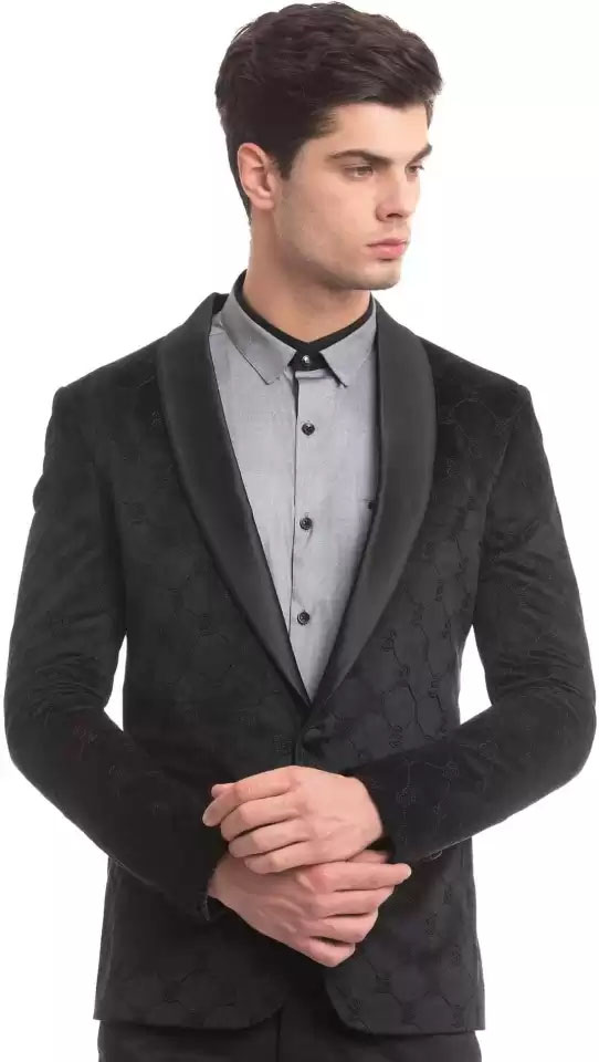 True Blue  Self Design Tuxedo Style Party Men Full Sleeve Blazer 