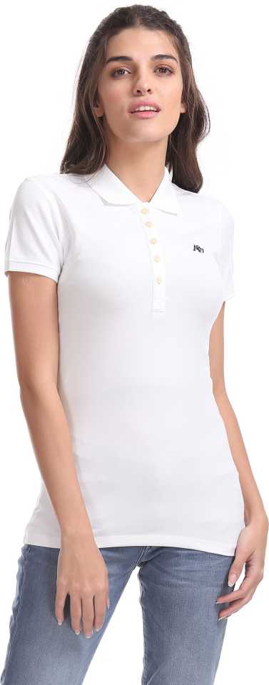 Aeropostale  Printed Women Polo Neck White T-Shirt