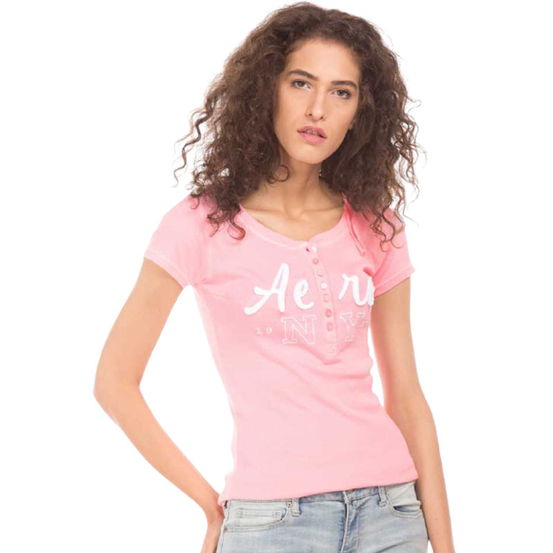 Aeropostale  Applique Women Henley Neck Pink T-Shirt