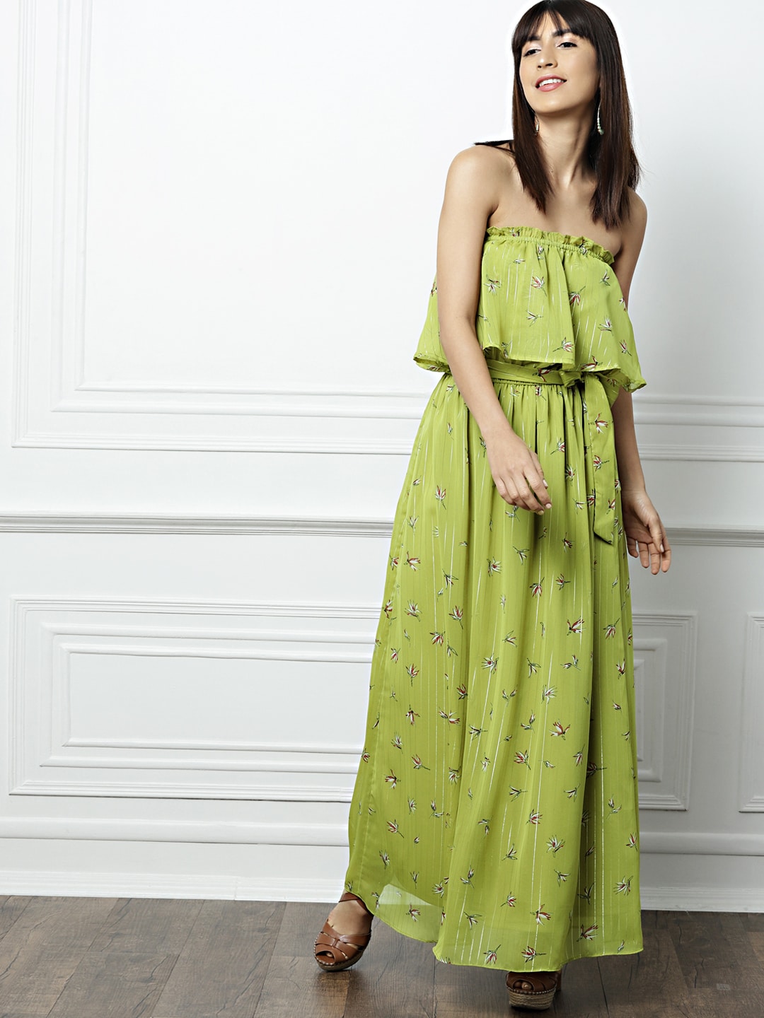 all about you Women Green Printed Off-Shoulder Maxi Dress