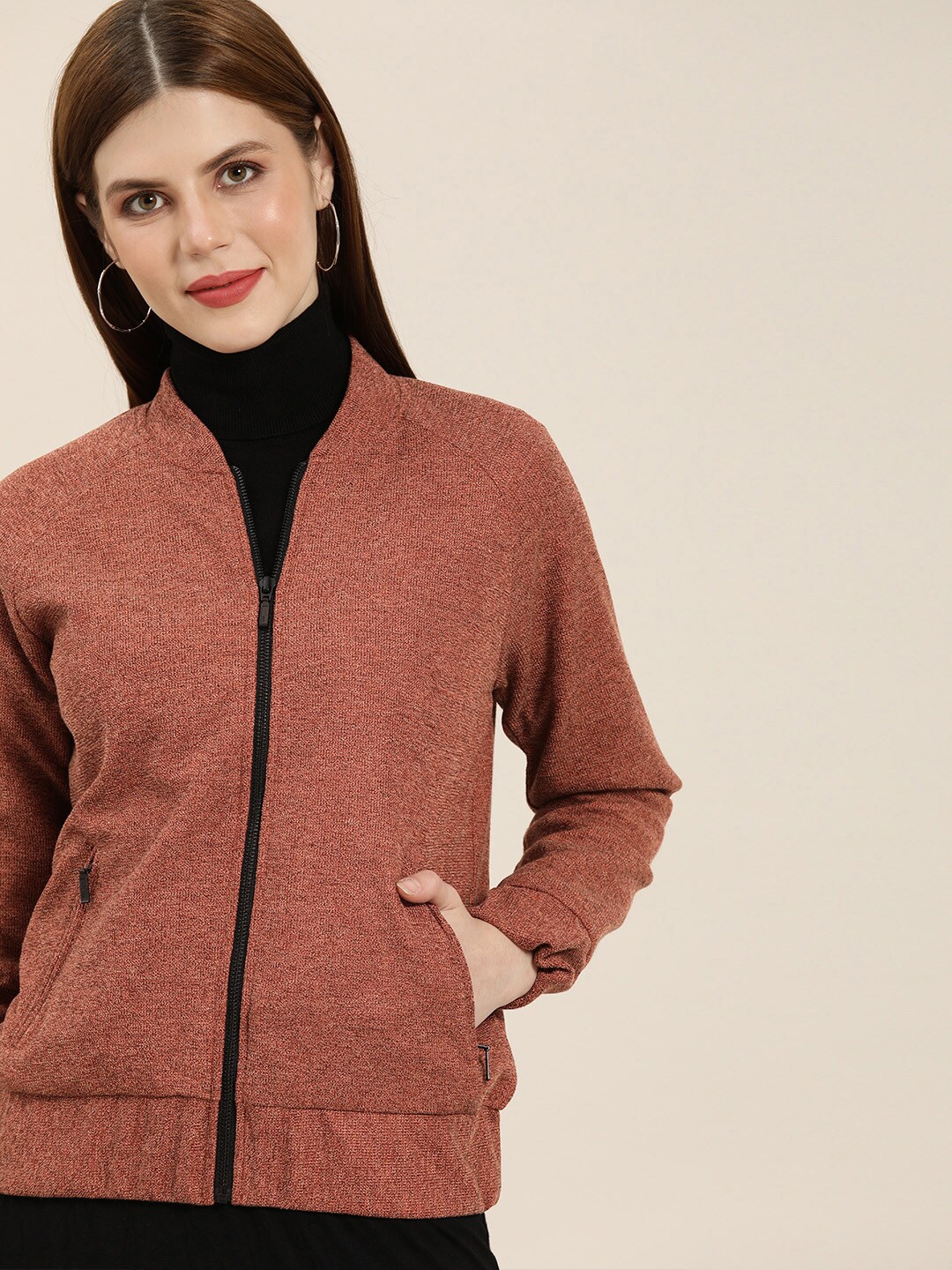 All About You Women Rust Brown Solid Bomber Jacket