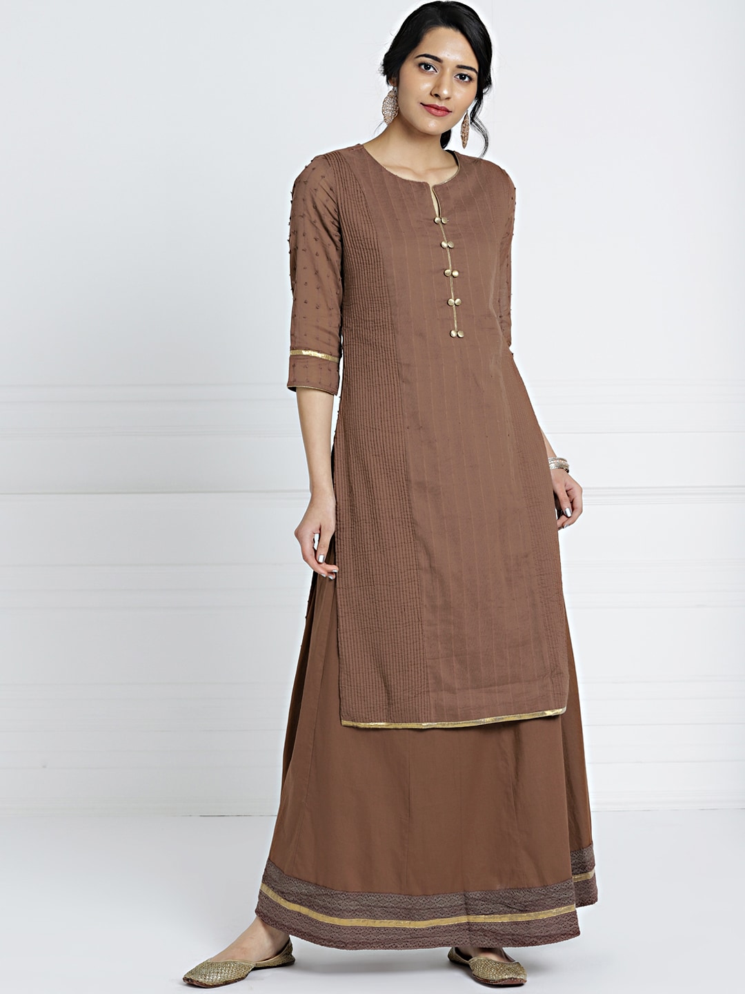 all about you Women Brown Solid Kurta with Skirt