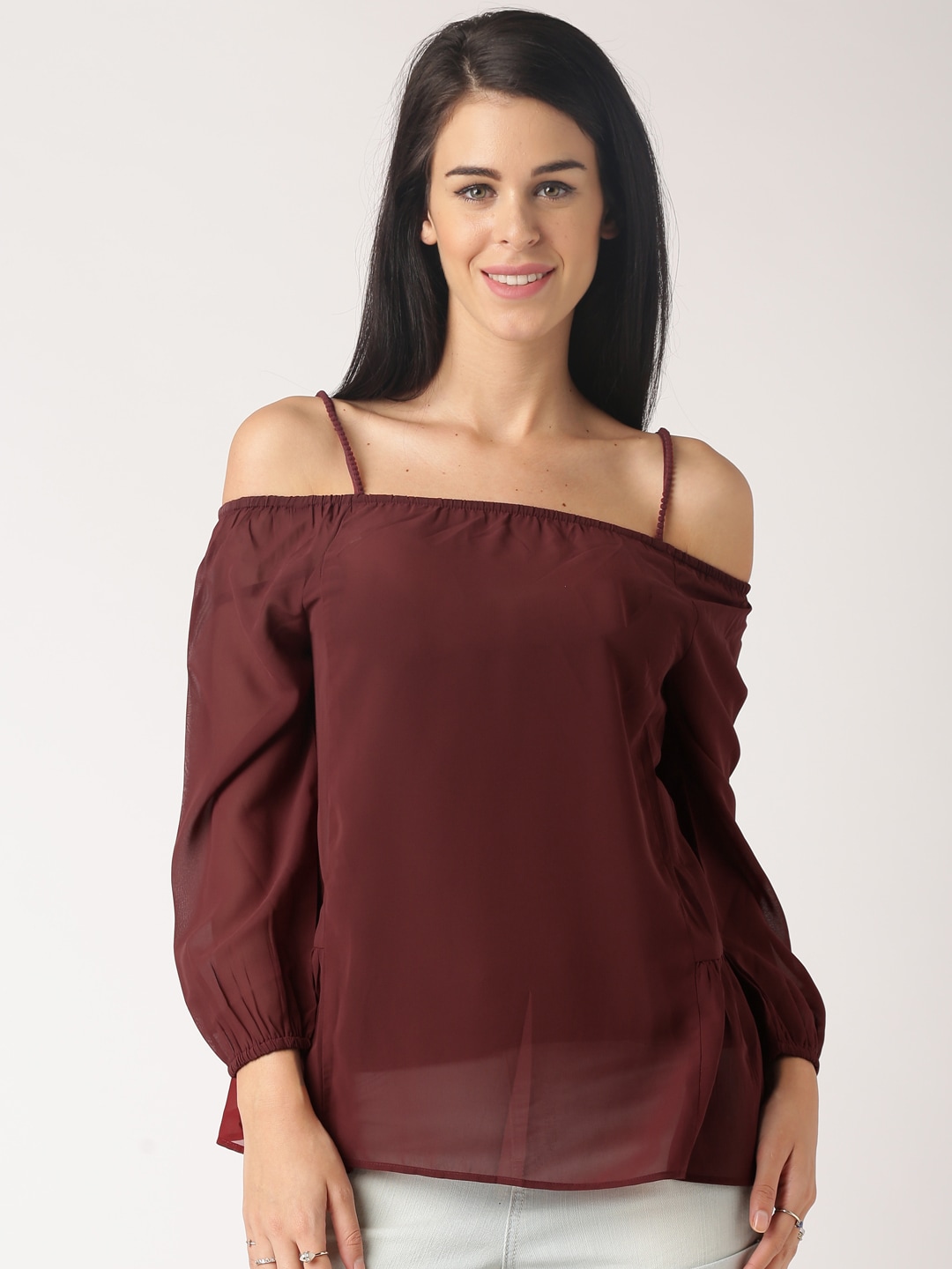 All About You Maroon Polyester Cold Shoulder Top