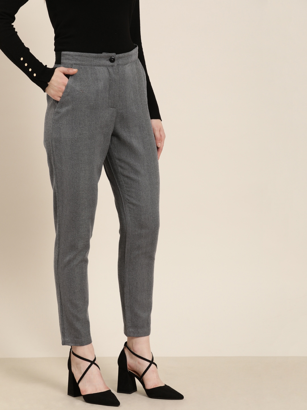 all about you Women Grey Regular Fit Self Design Trousers