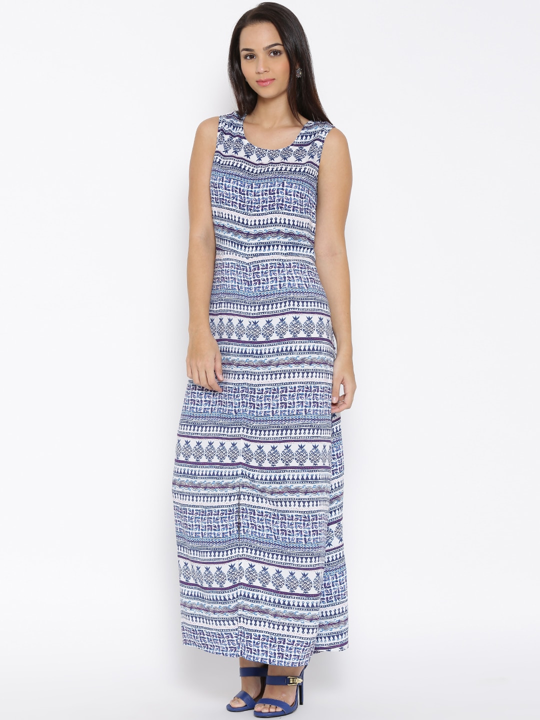 Akkriti by Pantaloons White  Blue Printed Maxi Dress