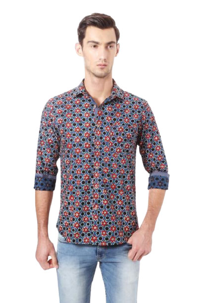 Blue Printed Slim Fit Casual Shirt