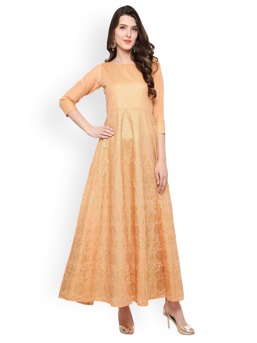 Ahalyaa Women Peach-Coloured  Gold-Toned Woven Design Anarkali Kurta