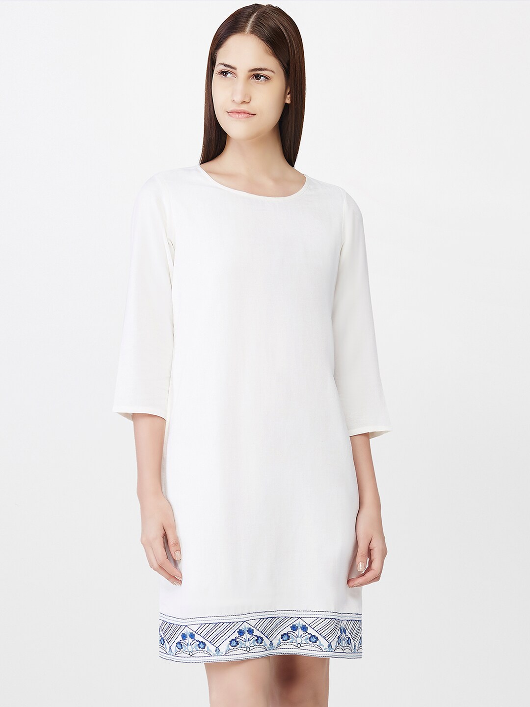 AND Women Off-White Solid A-Line Dress