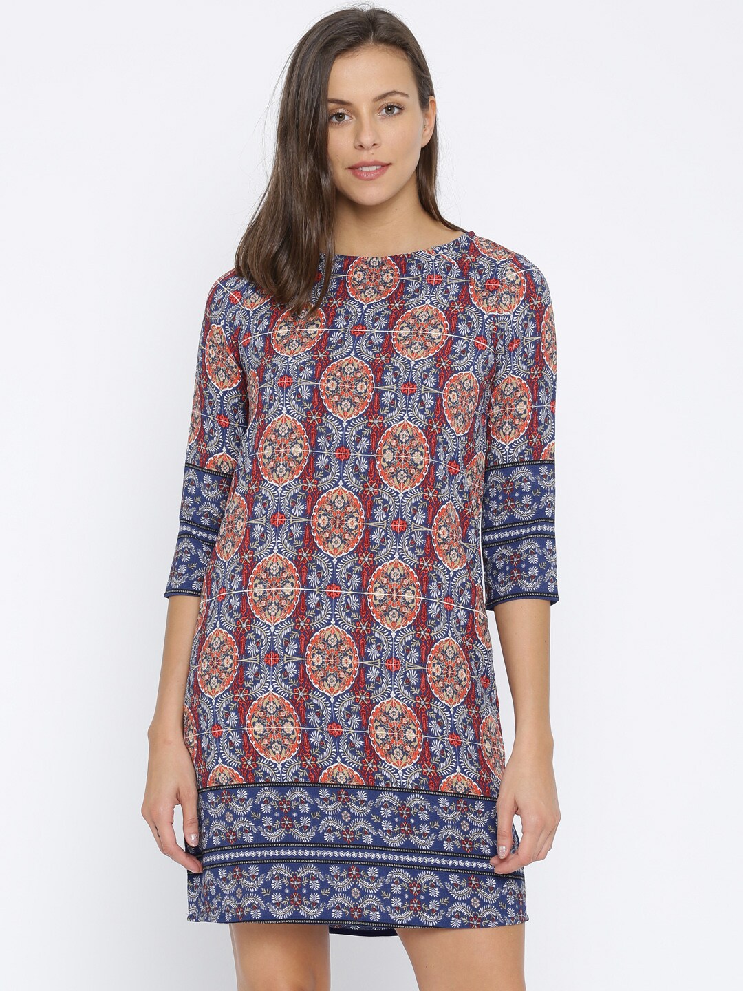 AND Women Blue  Coral Red Printed Shift Dress