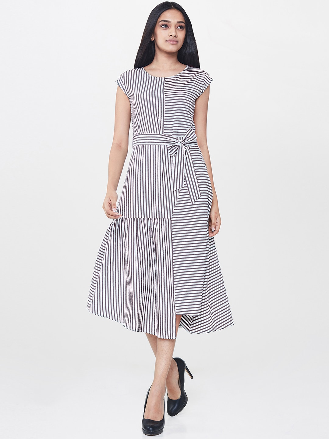 AND Women Grey  White Striped A-Line Dress