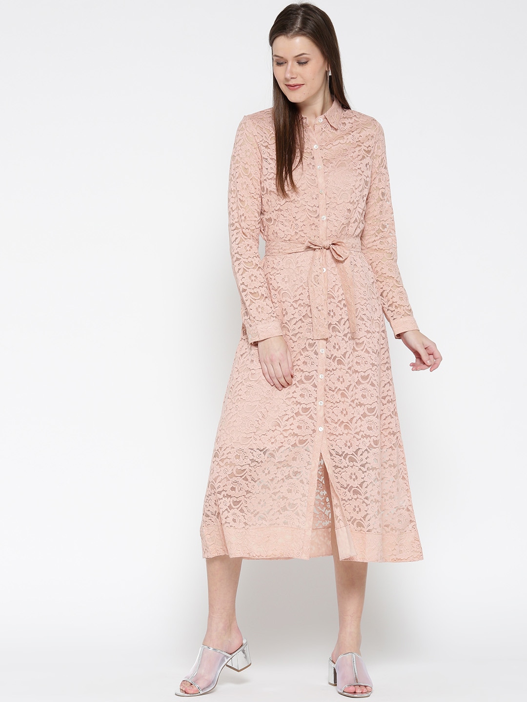 AND Women Dusty Pink Lace Midi Belted Shirt Dress