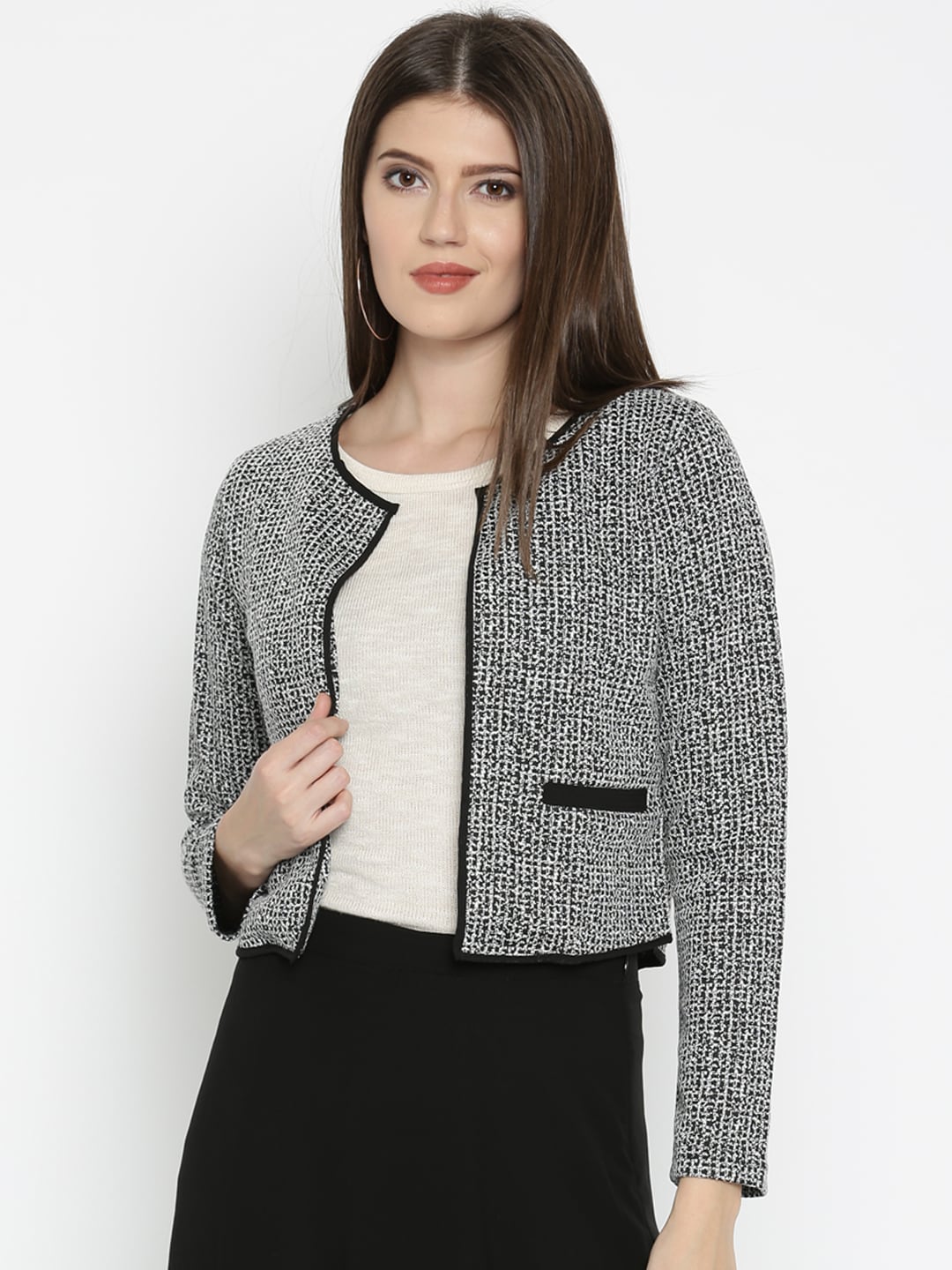 AND Grey  Black Self-Design Crop Jacket