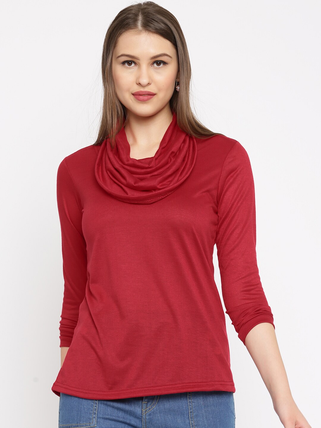 AND Women Red Solid Cowl Neck Top