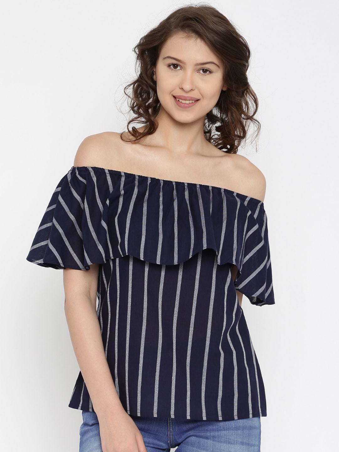 AND Women Navy  White Striped Layered Bardot Top