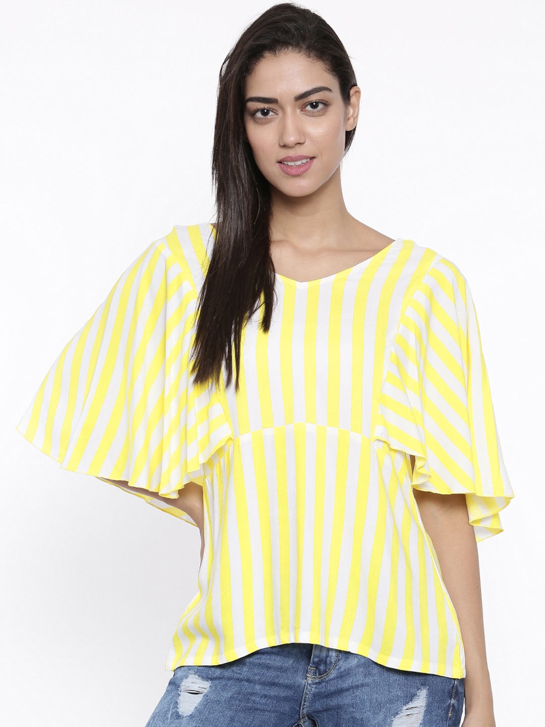 AND Women Yellow  White Striped Top