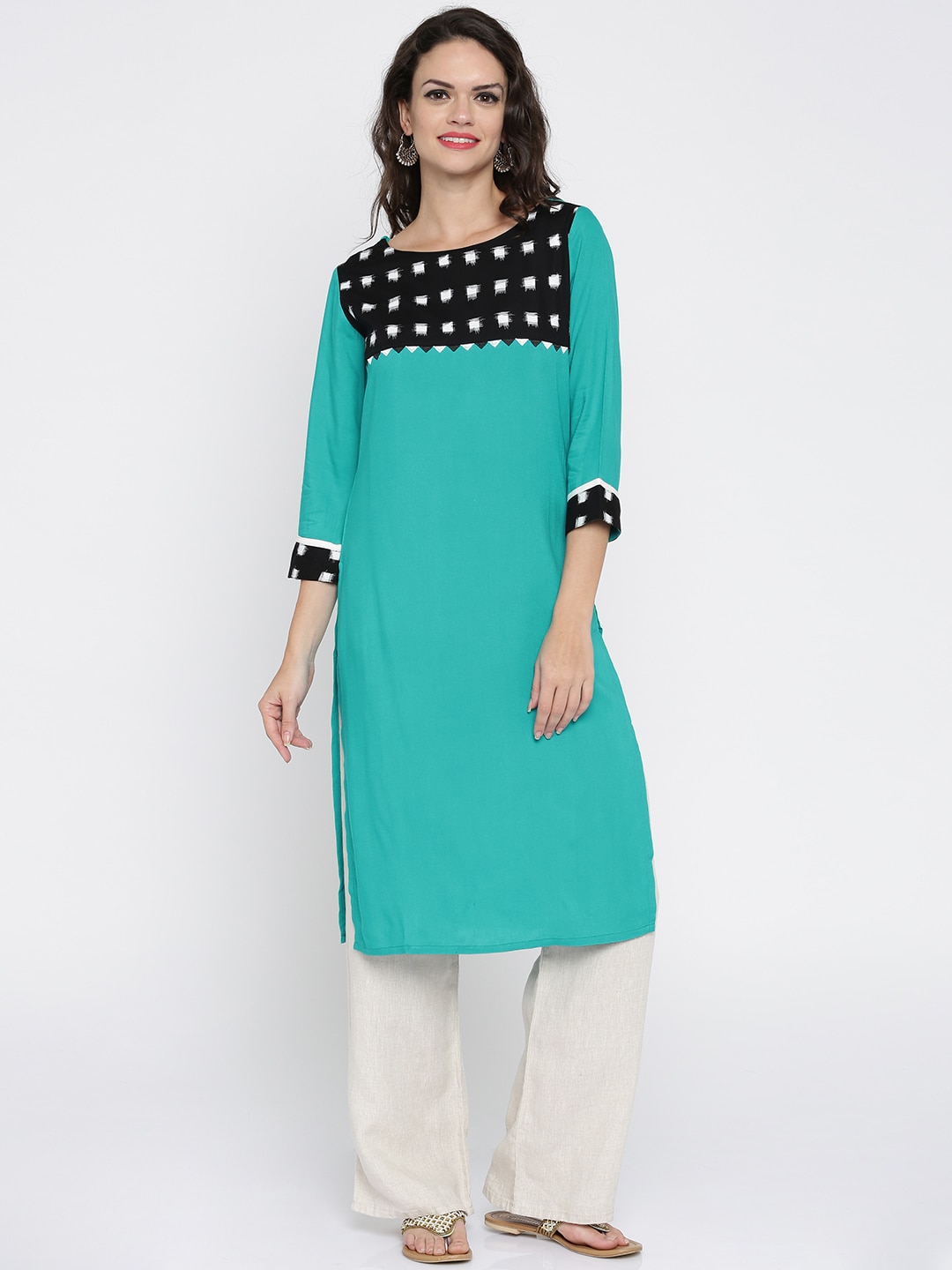 Anouk Women Blue  Black Ikkat Print Straight Kurta