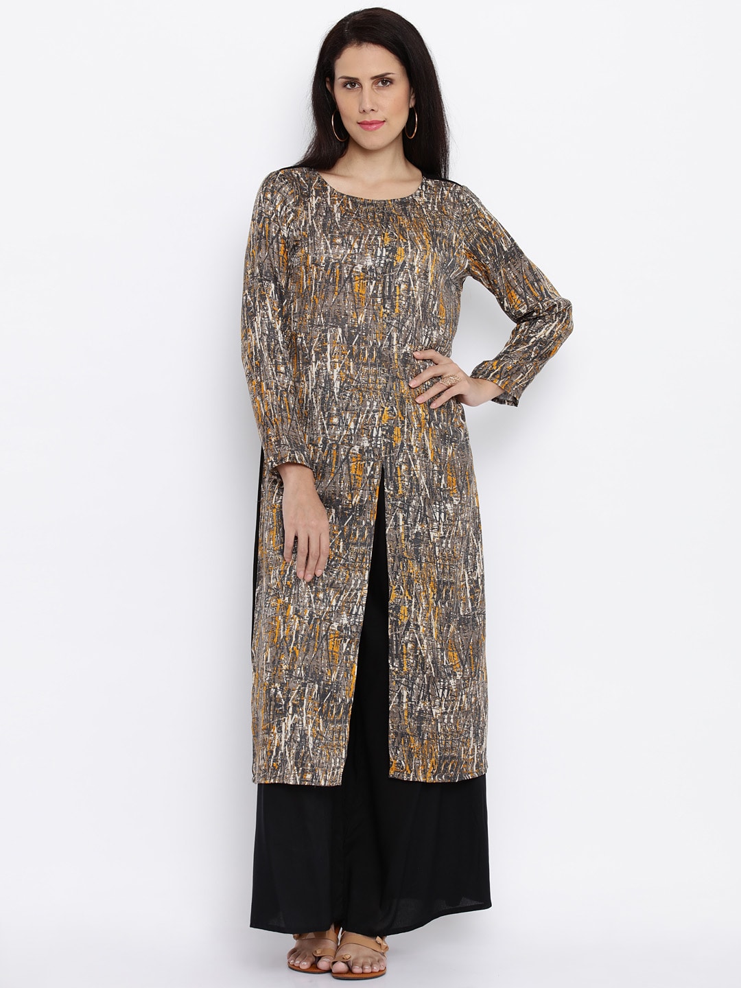 Anouk Women Brown  Black Printed Straight Kurta