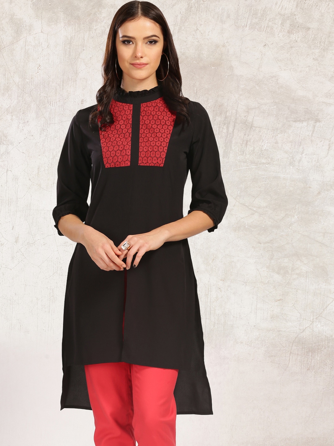 Anouk Women Black Solid Straight Kurta