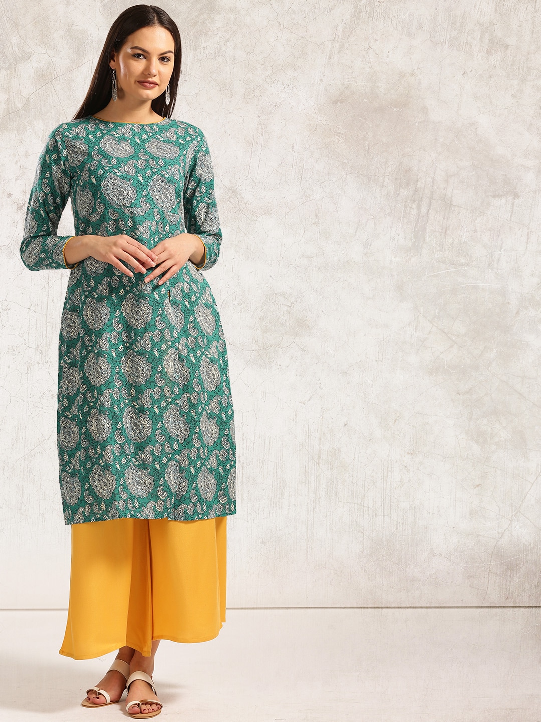 Anouk Women Green Printed Straight Kurta