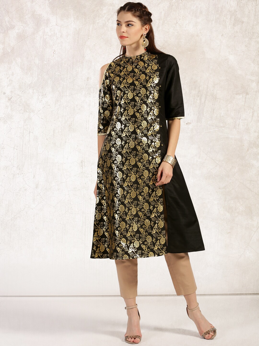 Anouk Women Black  Golden Printed A-Line Kurta