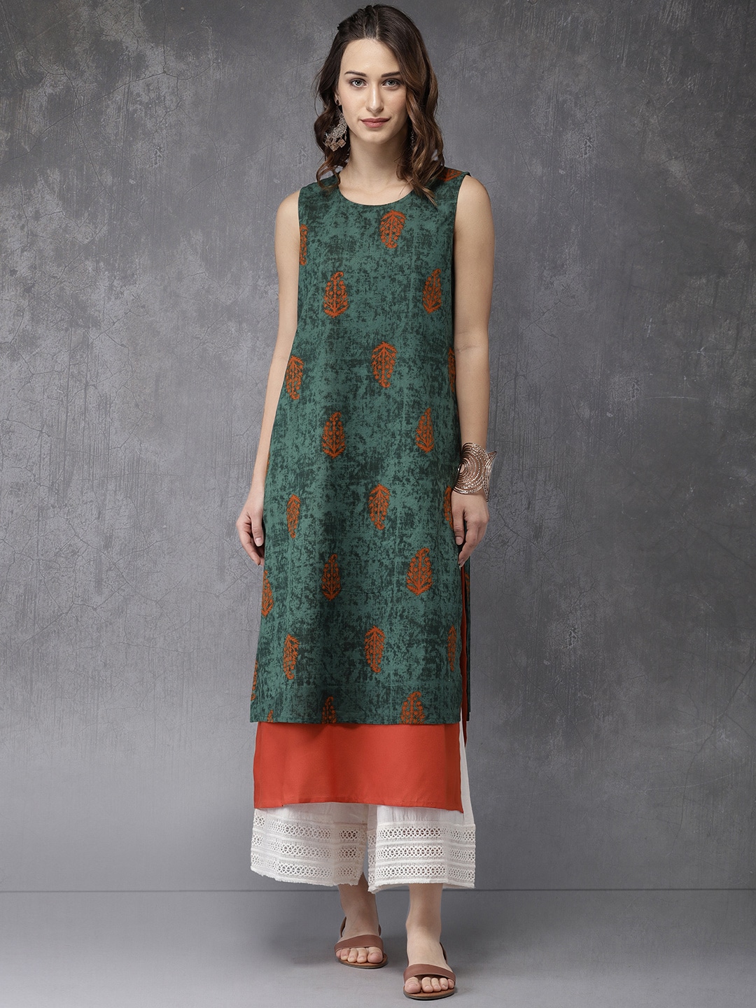 Anouk Women Green  Rust Orange Printed Layered A-Line Kurta