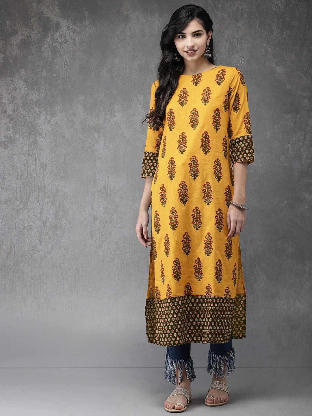 Anouk Women Mustard Printed Straight Kurta