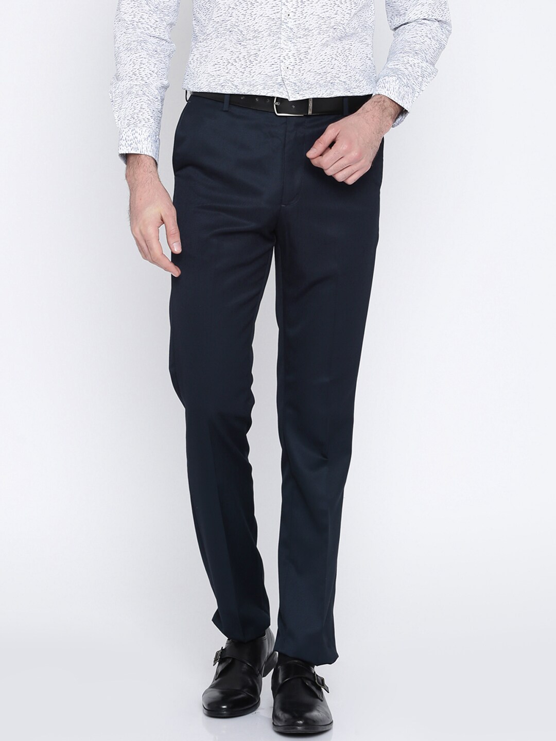 Arrow Men Navy Blue Solid Tapered Fit Formal Trousers