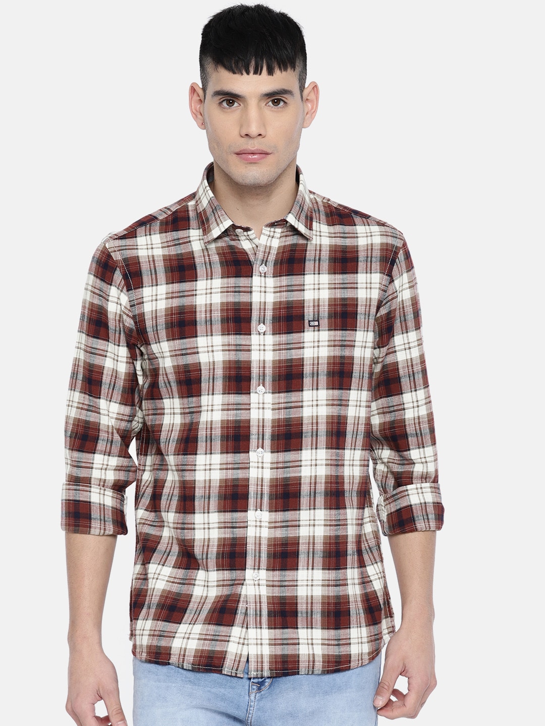 Arrow Sport Men Maroon  Off-White Slim Fit Checked Casual Shirt