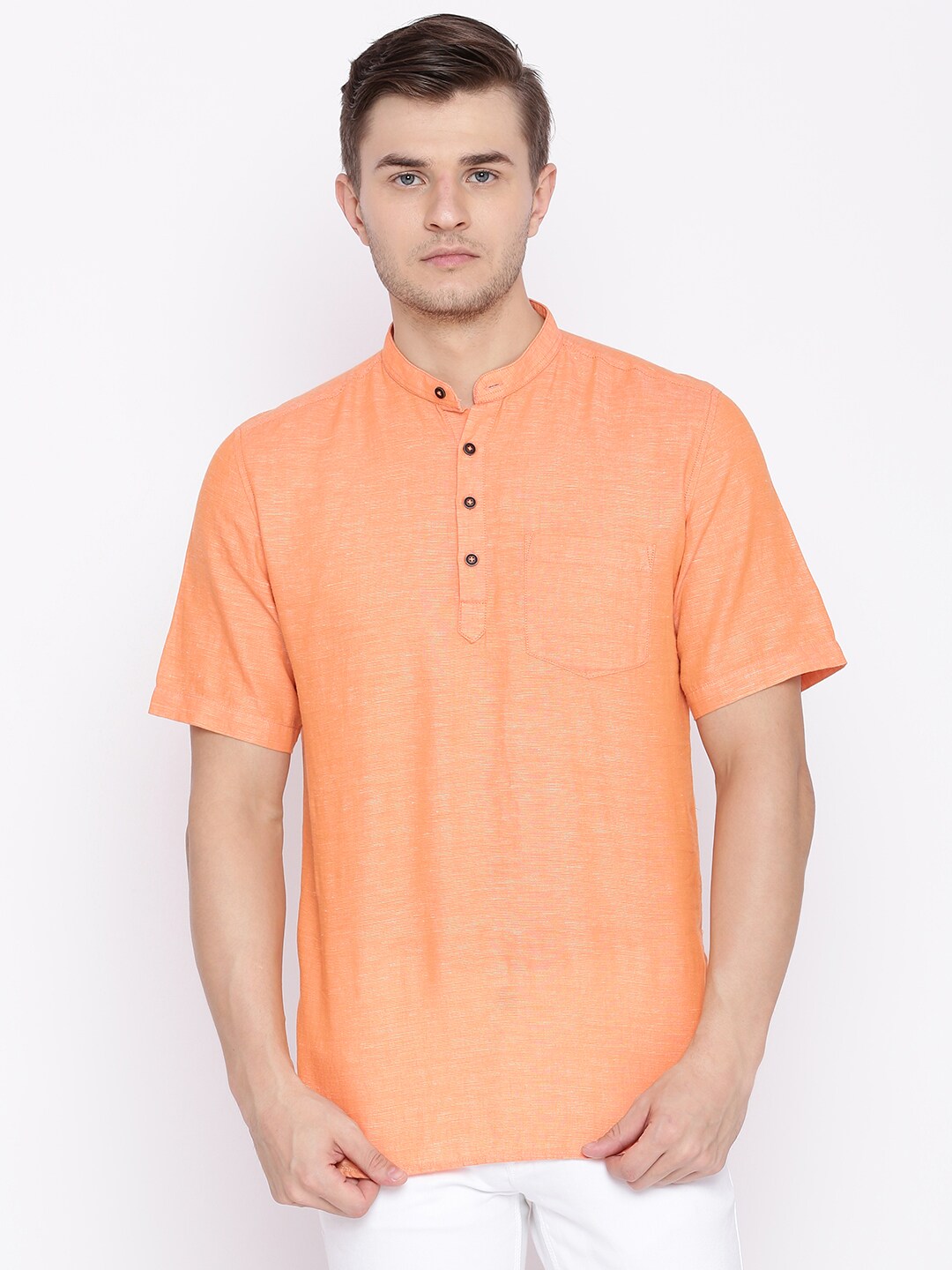 British Club Men Orange Solid Straight Kurta