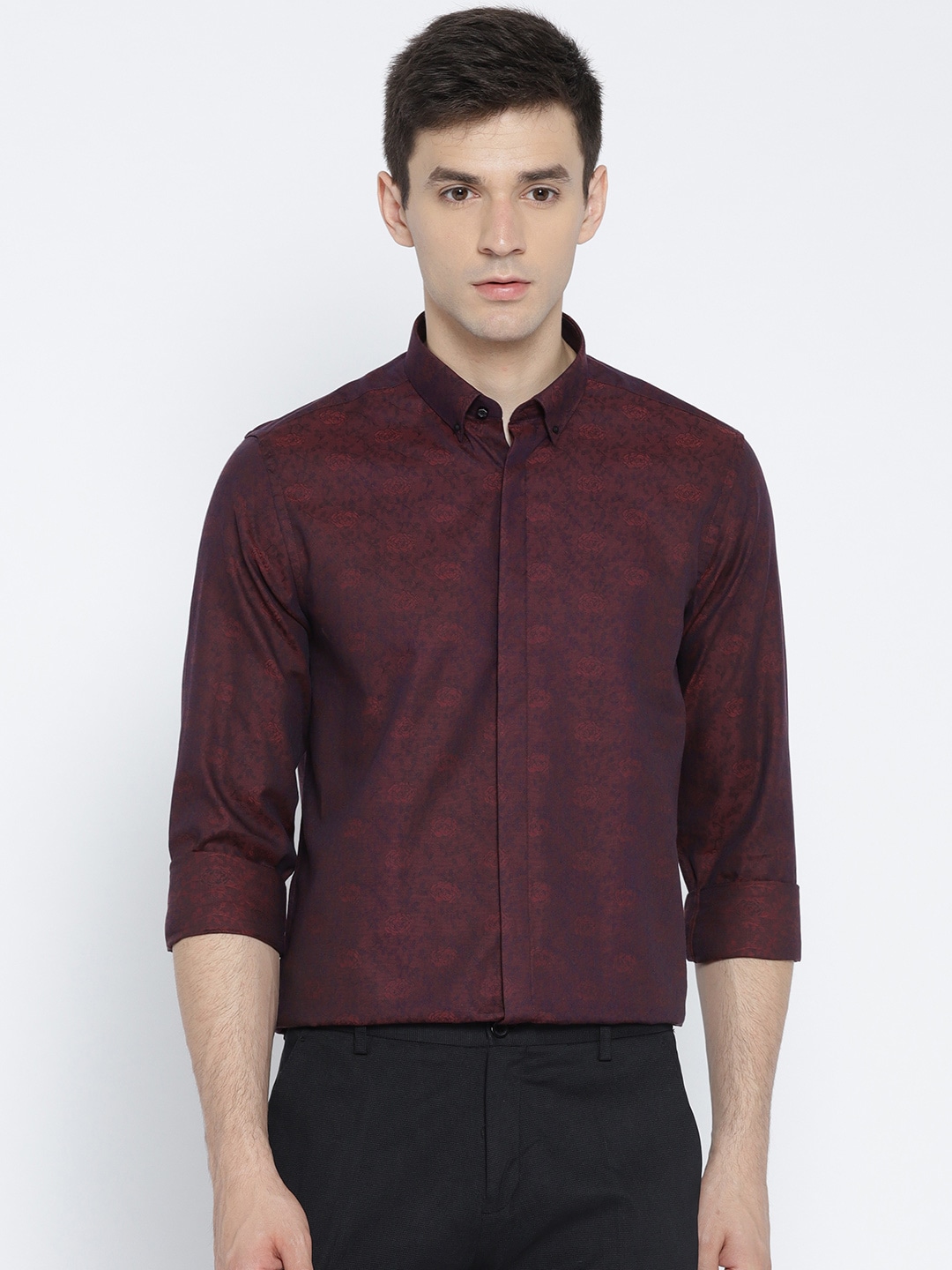 Blackberrys Men Burgundy Slim Fit Self Design Partywear Shirt