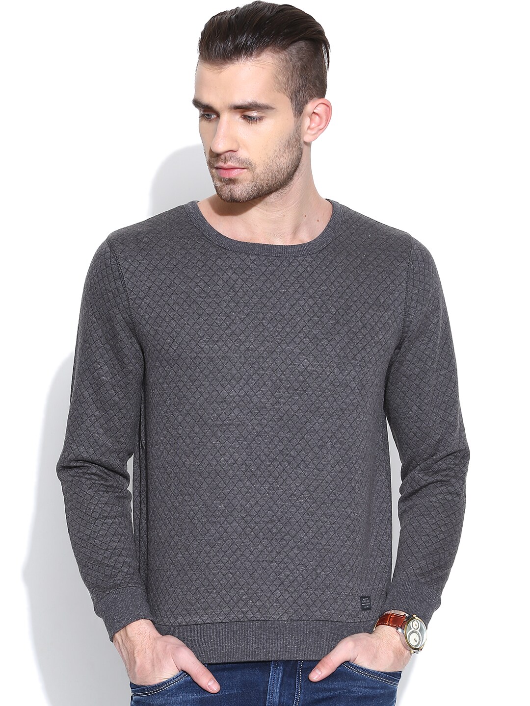 Blackberrys Men Charcoal Grey Quilted Woollen Sweatshirt