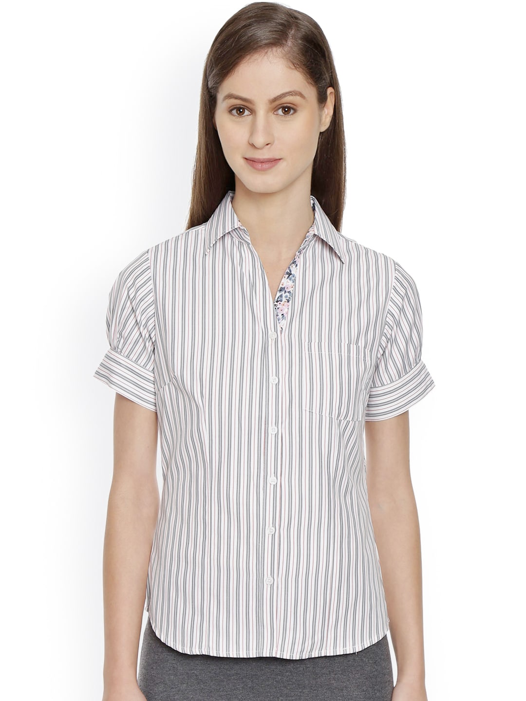 Bombay High Women Grey Striped Slim Fit Formal Shirt