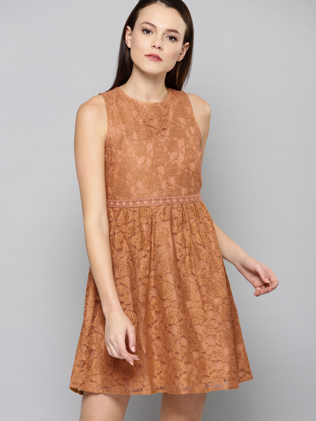 Chemistry Women Brown Self Design Fit  Flare Lace Dress