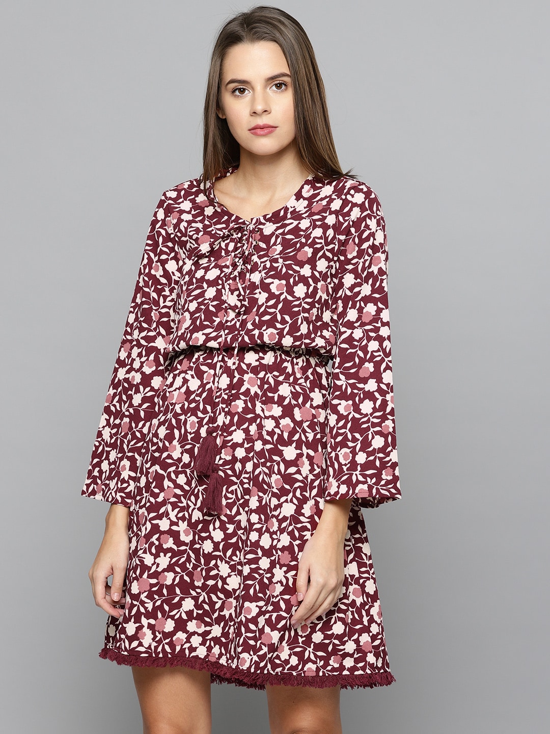 Chemistry Women Burgundy  Cream-Coloured Printed Fit and Flare Dress