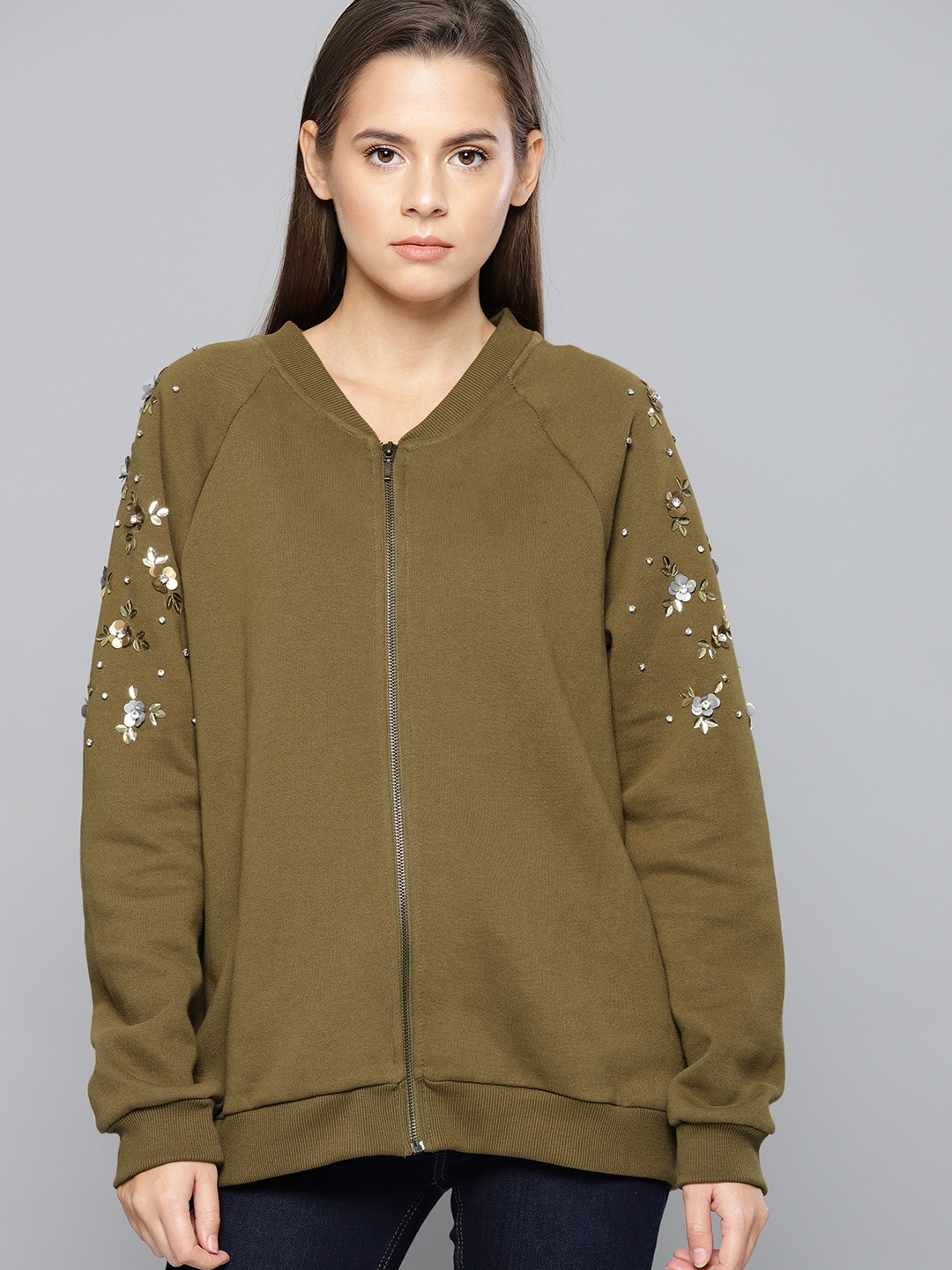 Chemistry Women Olive Green Embellished Sweatshirt