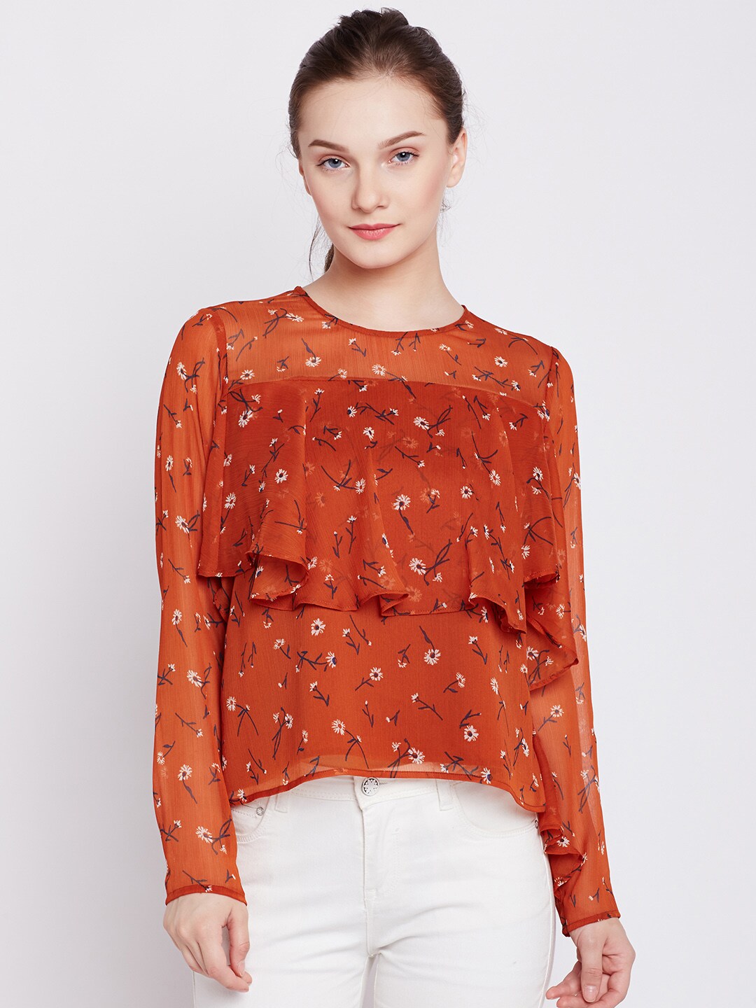 COVER STORY Women Brown Printed Semi-Sheer Layered Top