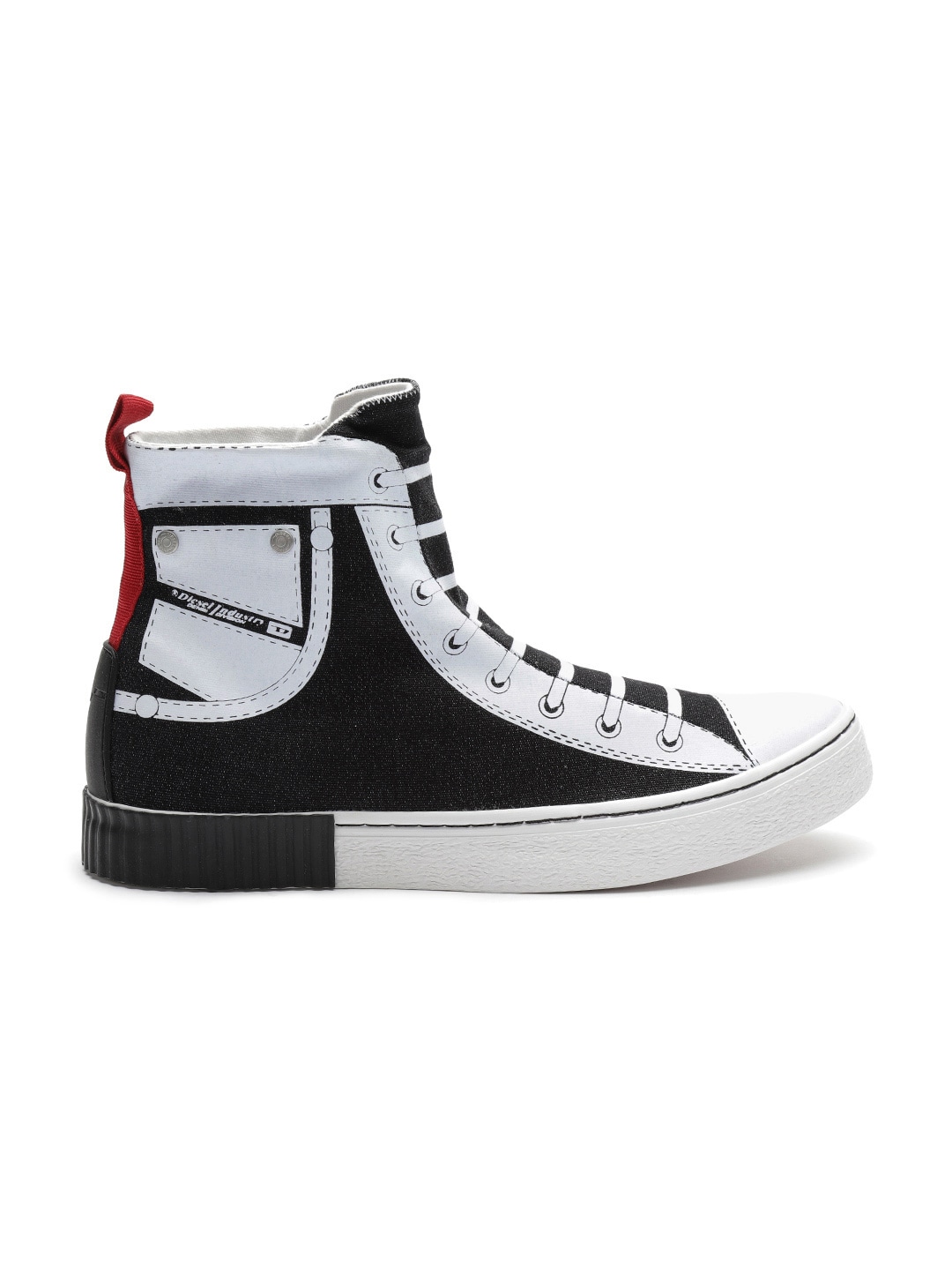 DIESEL Men Black  White Printed Mid-Top Slip-On Sneakers