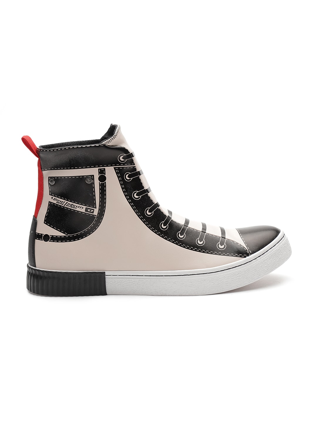 DIESEL Men Cream-Coloured  Black Printed Mid-Top Sneakers