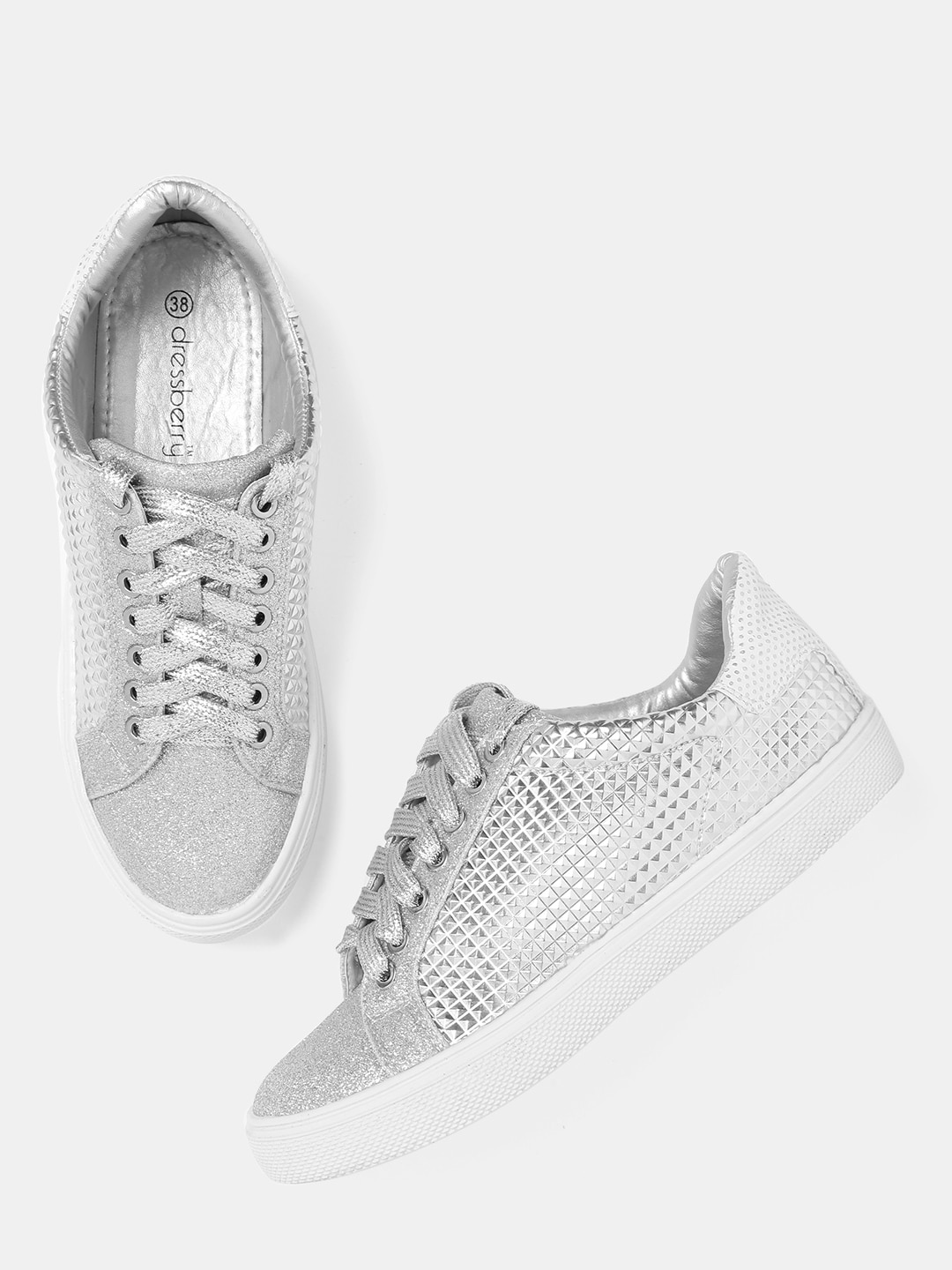 DressBerry Women Silver-Toned Textured Sneakers