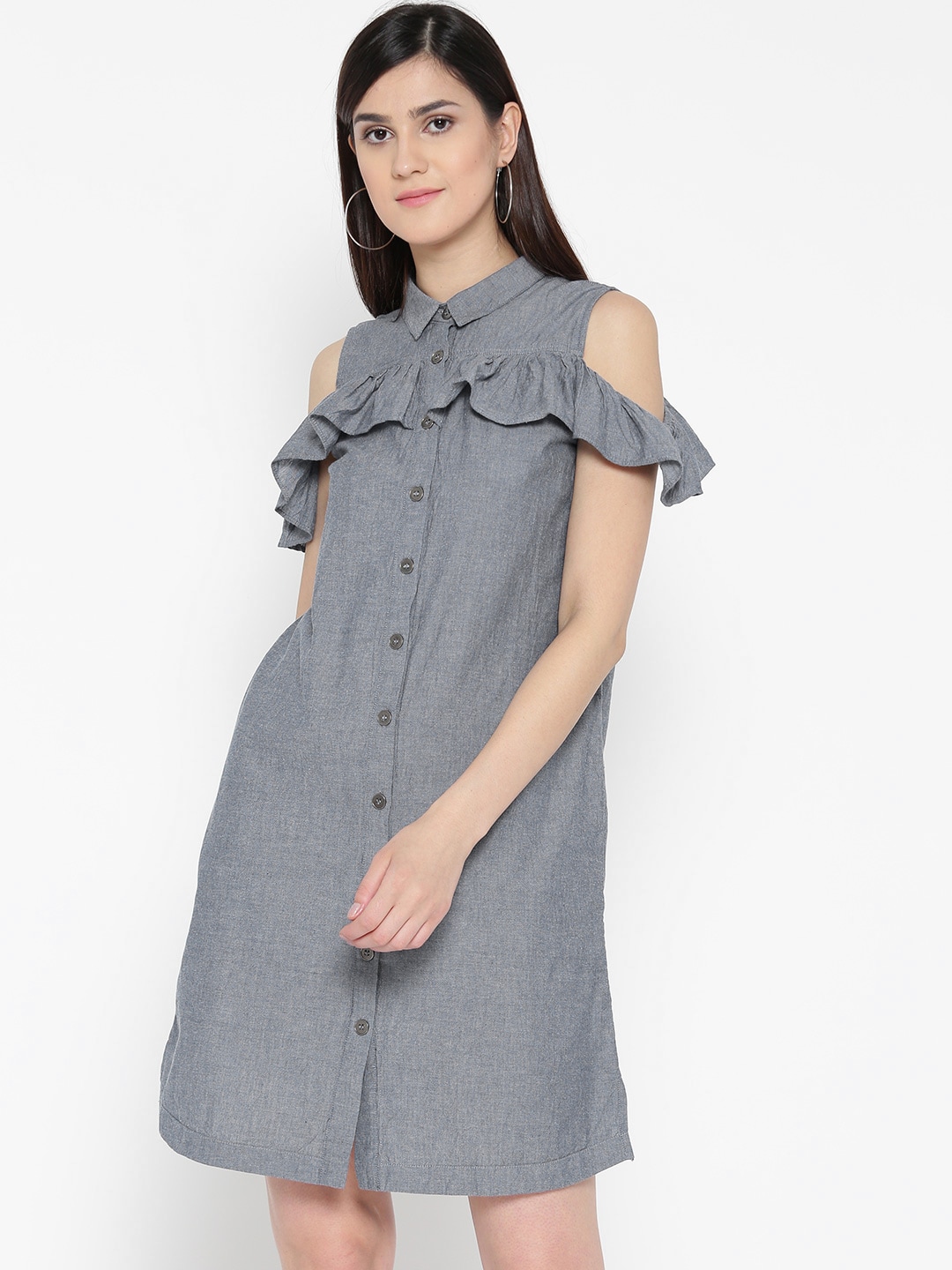 DressBerry Women Blue Solid Cold-Shoulder Shirt Dress