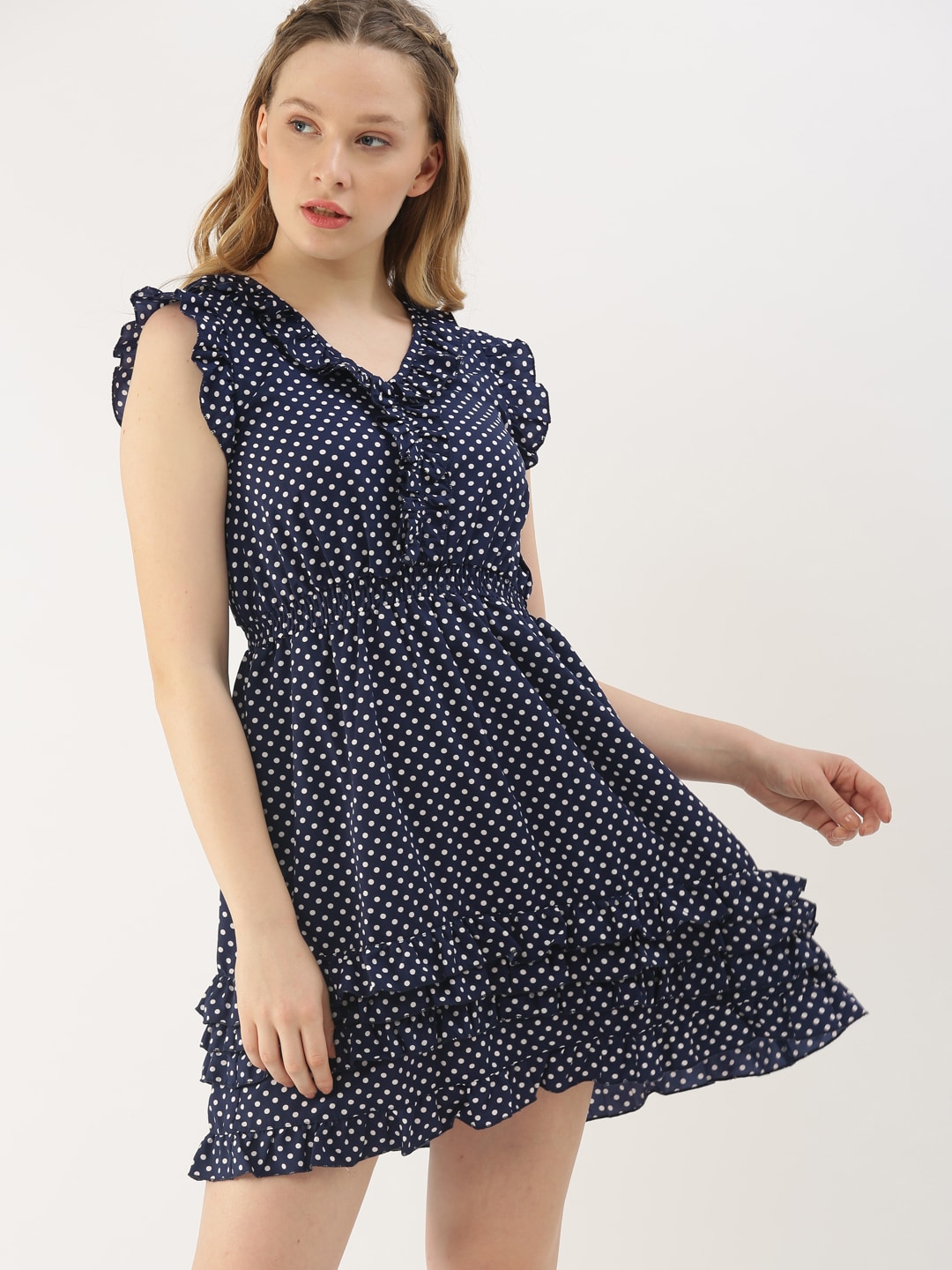 DressBerry Women Navy  White Printed Fit and Flare Dress