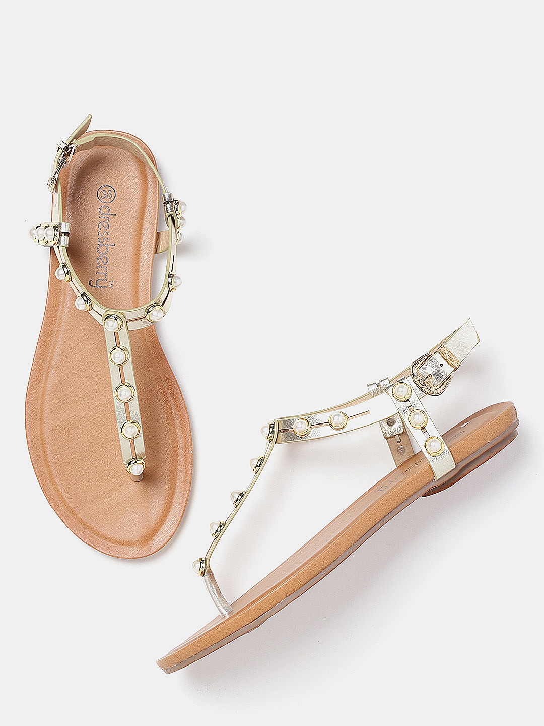 DressBerry Women Gold-Toned Solid T-Strap Flats