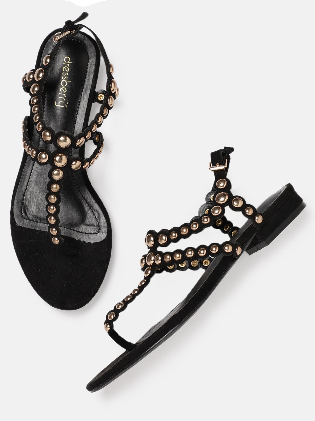 DressBerry Women Black Embellished T-Strap Flats