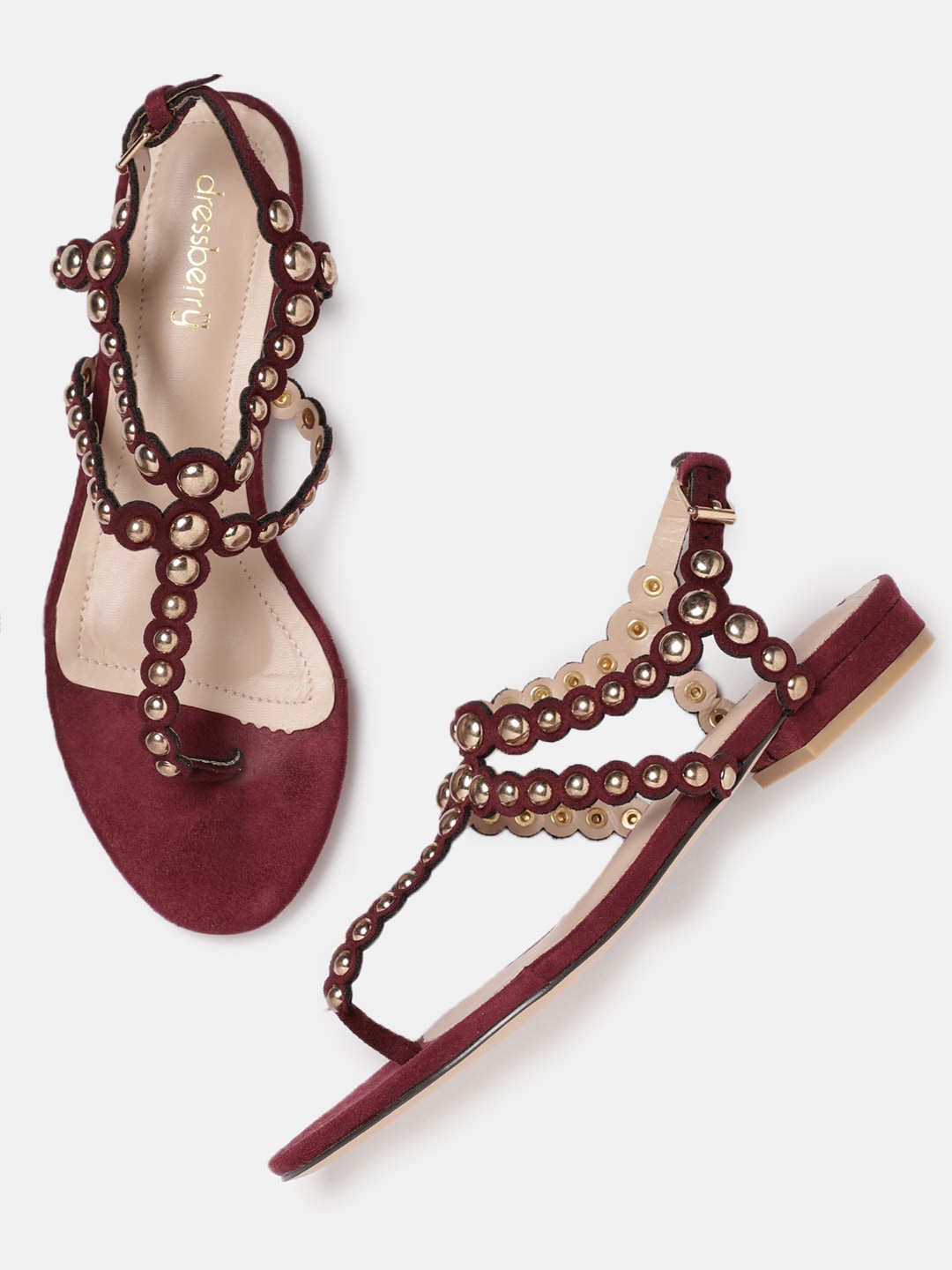 DressBerry Women Maroon Embellished T-Strap Flats