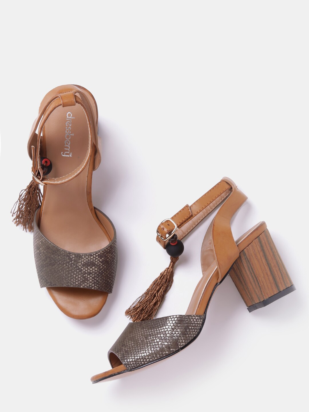 DressBerry Women Brown Snakeskin-Textured Block Heels