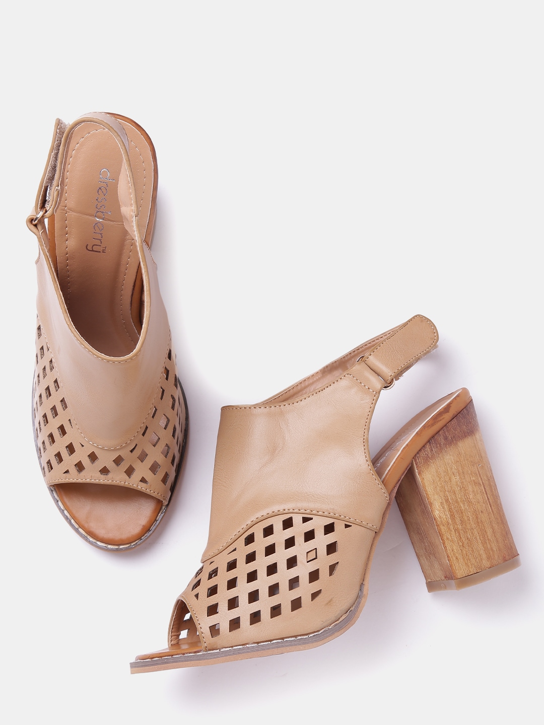 DressBerry Women Tan Brown Cut-Out Block Mules